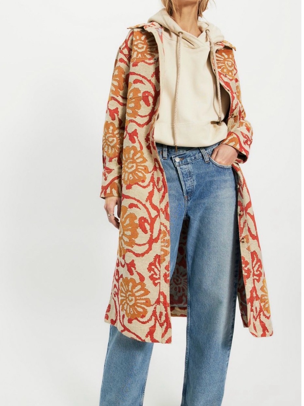 We The Free Red and Tan Floral Jacquard Trench Coat